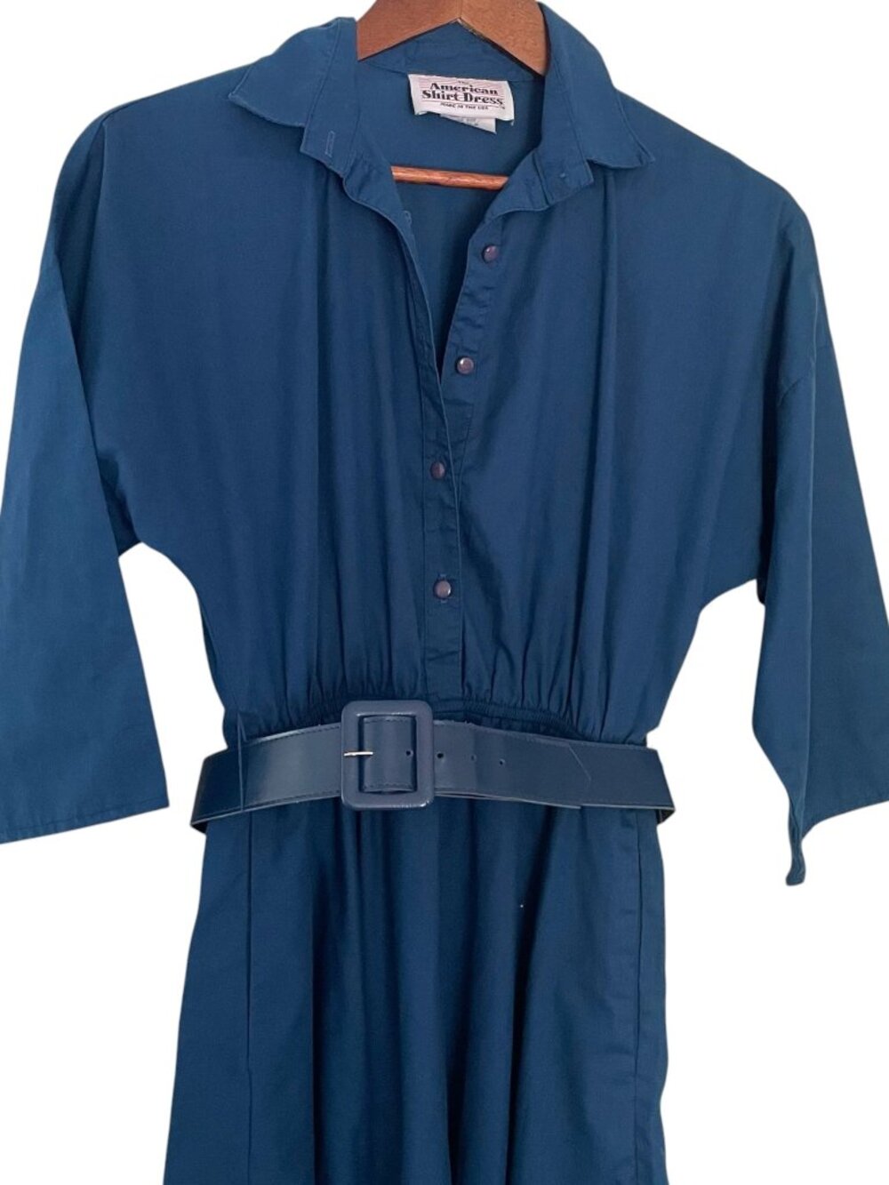 Vintage 80s The American Shirt Dress 8P 8 Petite Navy Blue Midi A Line Belted